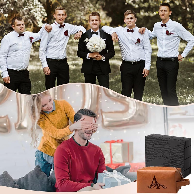 Aganmi Personalized Gifts Travel Toiletry Bag for Men Engraved Initial PU Leather Waterproof Shaving Bag for Toiletries Accessories Fathers Day Birthday Gift for Men Dad Husband Son, Light Brown M - Image 2